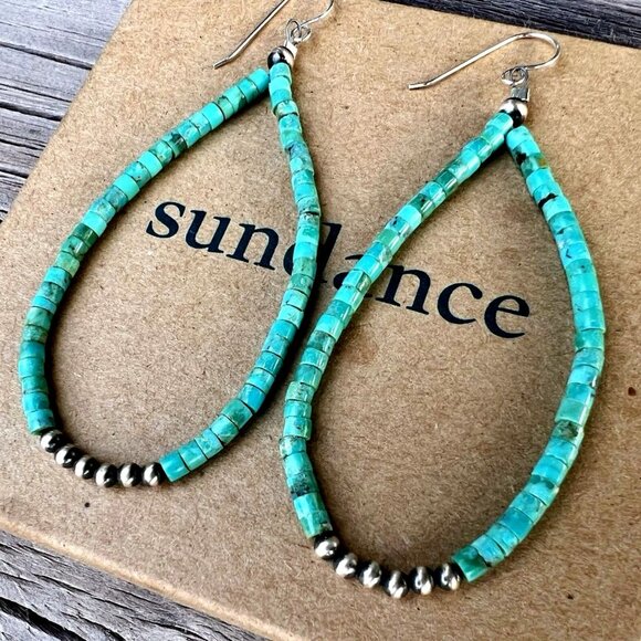 SUNDANCE $198 NEW 3-1/4" Turquoise Heishi Sterling Silver Beaded Hoops Earrings - Picture 1 of 9